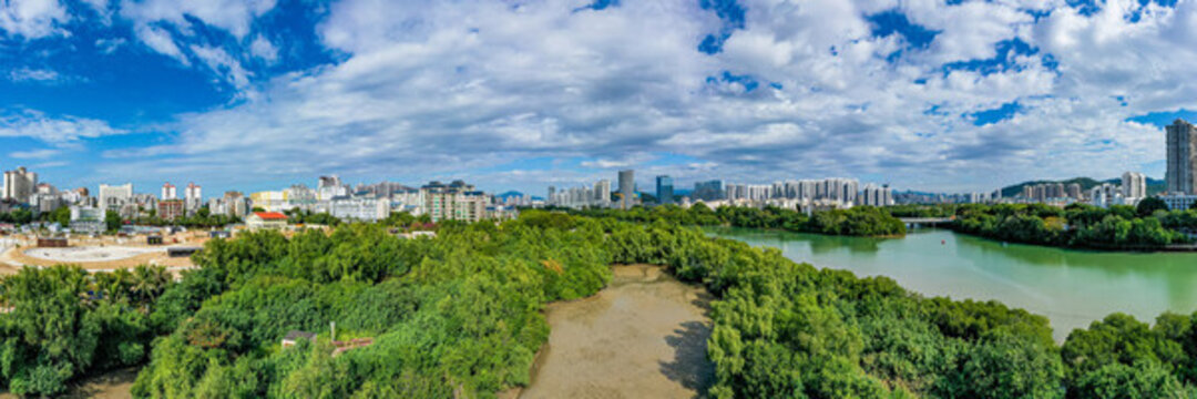 航拍海南三亞紅樹林公園全景圖
