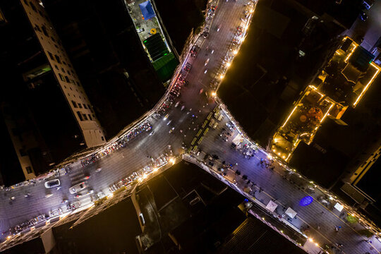 航拍海口騎樓老街夜景老城街區(qū)