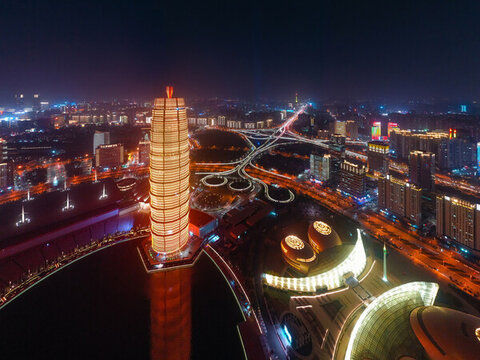 航拍鄭州大玉米高樓夜晚景觀燈