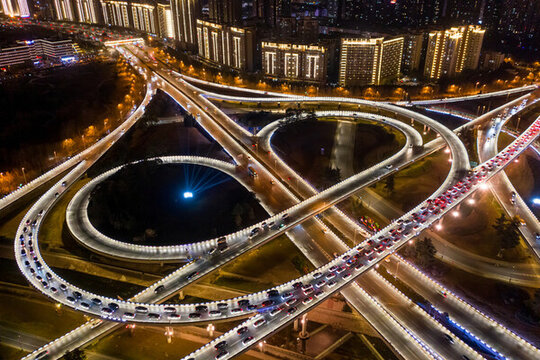 航拍郑州立交桥城市高架桥夜景