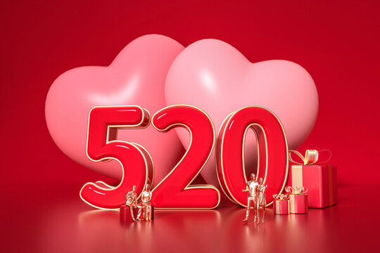 3D渲染的520情侣爱心场景