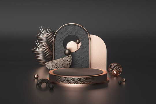 3D渲染的熱帶風(fēng)黑金展臺背景