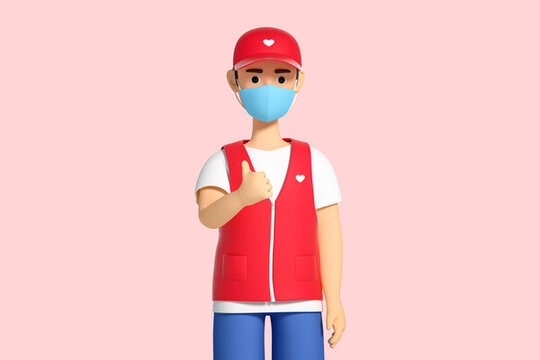 3D渲染豎大拇指的卡通志愿者