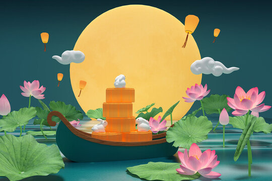 3D國潮中秋節(jié)月兔蓮池背景