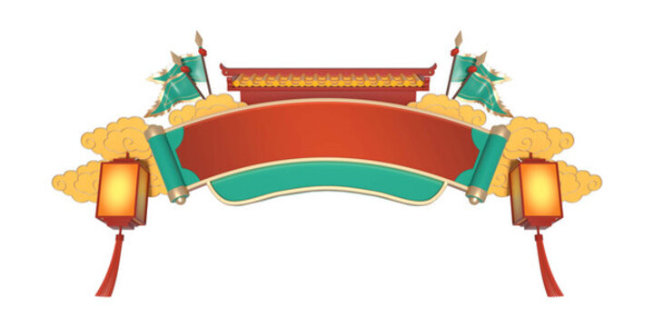 3D渲染的國(guó)潮門樓燈籠邊框