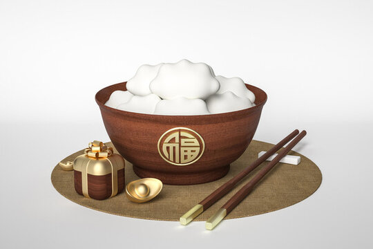 3D渲染的餃子碗和筷子