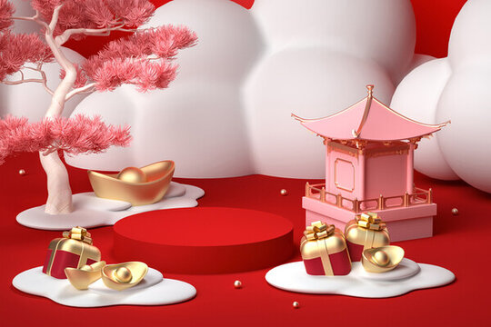 3D渲染的國(guó)潮庭院展臺(tái)背景