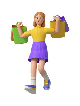 3D渲染拿購物袋的女孩