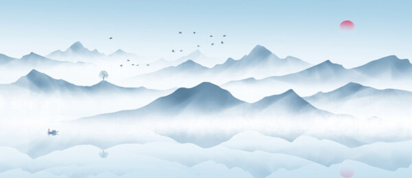 中国风手绘蓝色意境山水画