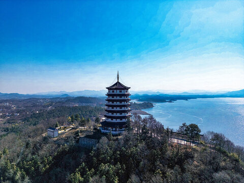 舒城萬佛湖風(fēng)景區(qū)的龍河古塔
