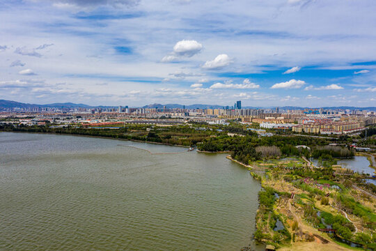 航拍昆明滇池星海半島濕地公園