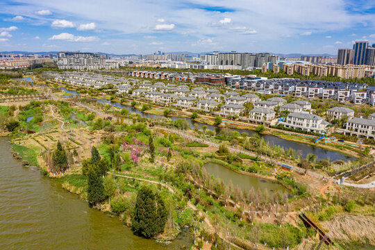航拍昆明滇池星海半島濕地公園