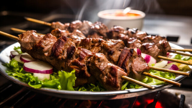 裝盤烤羊肉串烤肉串