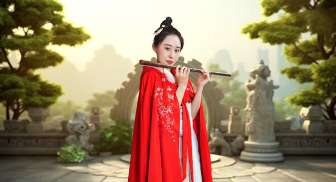 國風(fēng)園林吹簫古裝年輕女性