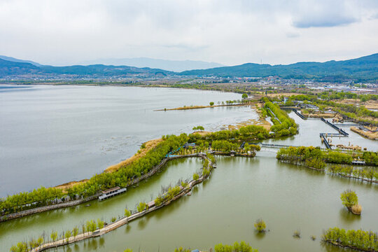 航拍云南麗江拉市海濕地公園
