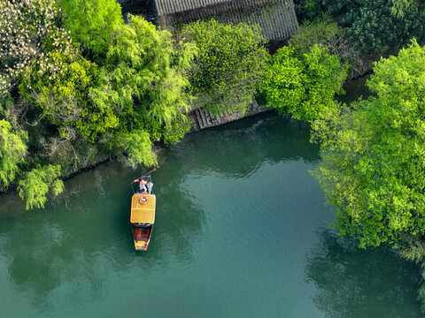 杭州西溪濕地公園搖擼船航拍