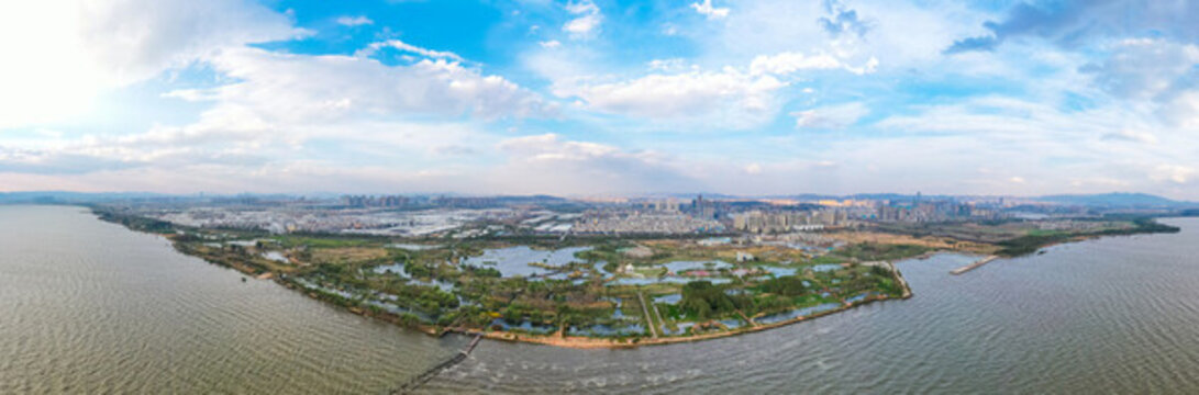 航拍云南昆明滇池斗南濕地公園