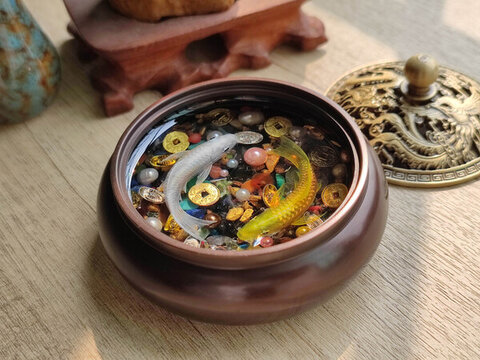 白金太極雙魚錦鯉聚寶盆