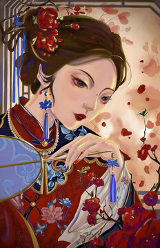 紅衣國潮美女