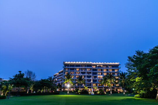 中国三亚酒店椰树草坪夜景