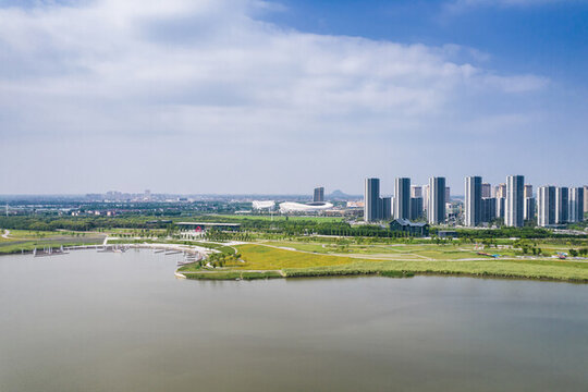 上虞曹娥江兩岸城市風(fēng)光航拍