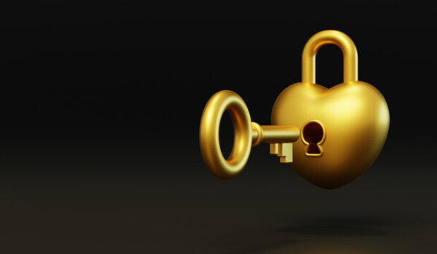 心形锁3D黄金同心锁钥匙