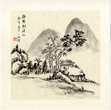 國畫水墨山水撫琴對溪山