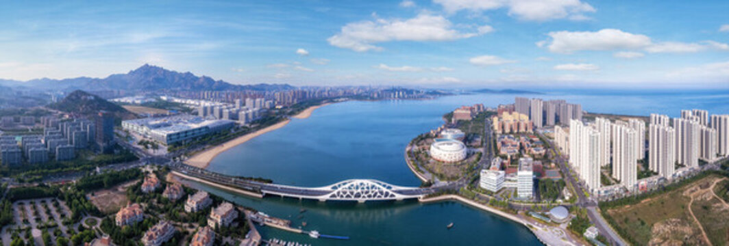 航拍青島西海岸城市景觀全景