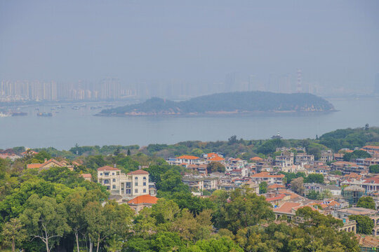 俯視鼓浪嶼海岸紅樓群與樹(shù)木
