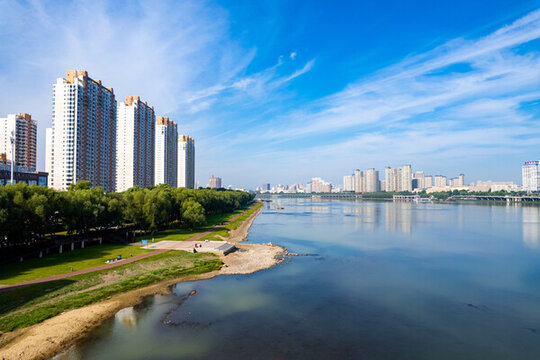 吉林市城市風(fēng)光松花江航拍