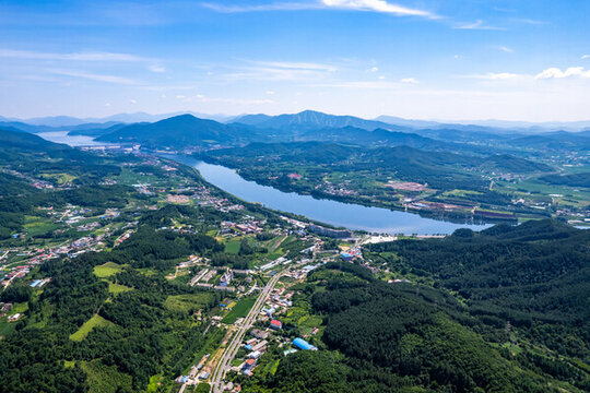 吉林市松花江夏季自然風(fēng)光航拍