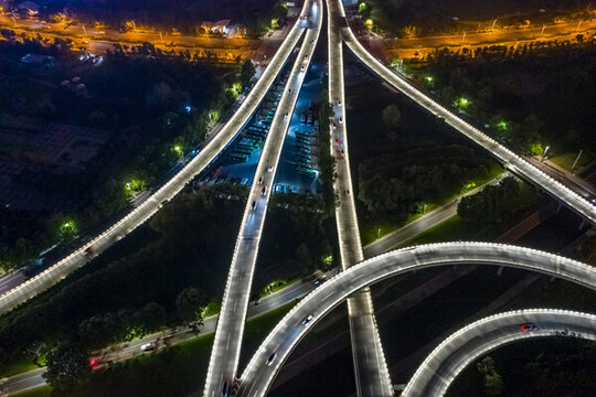航拍城市立交橋高架橋道路夜景