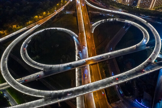 航拍城市立交橋高架橋道路夜景