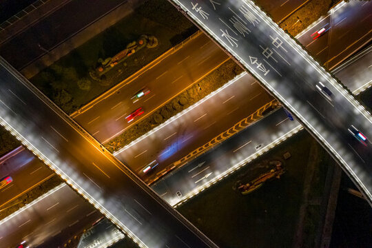航拍城市立交橋高架橋道路夜景