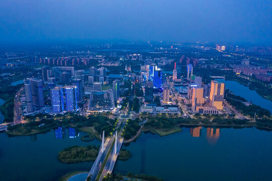 航拍鄭州龍子湖智慧島夜景燈光