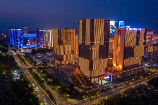 航拍鄭州龍子湖智慧島夜景燈光