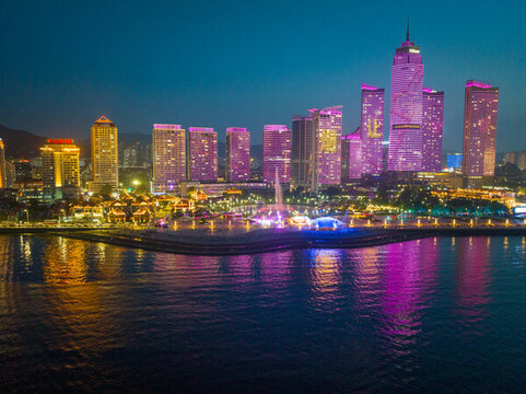 航拍煙臺濱海廣場夜景