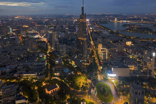 南京紫峰大廈航拍城市風(fēng)光夜景