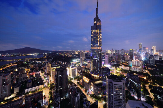 南京紫峰大廈航拍城市風(fēng)光夜景