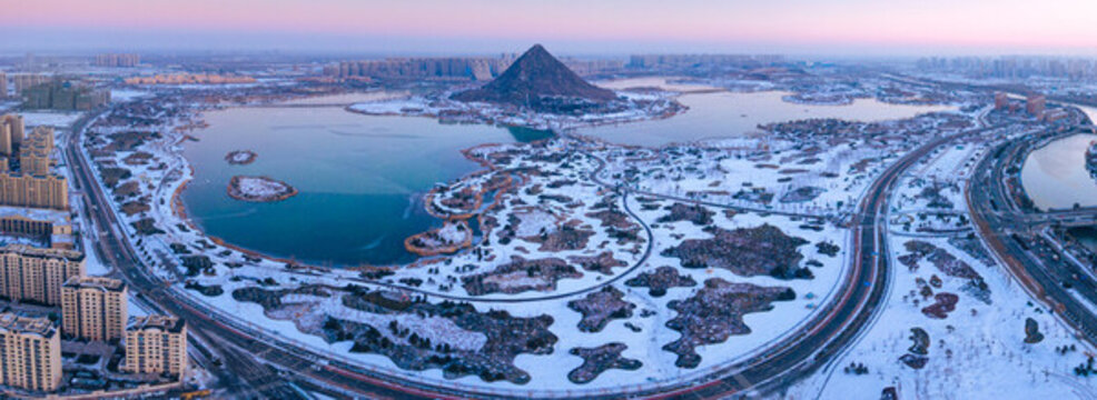 山東濟(jì)南華山湖全景雪天航拍