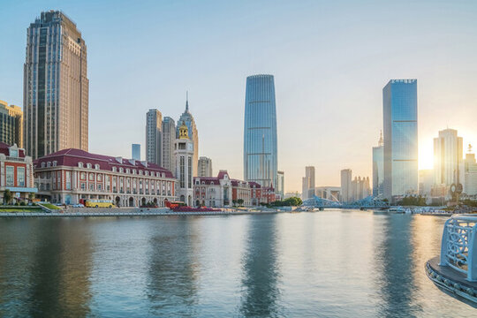 天津城市建筑和海河和橋梁