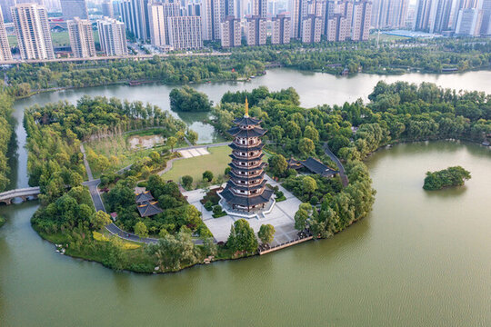 航拍湖南長沙洋湖濕地公園落日