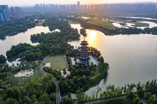 航拍湖南長沙洋湖濕地公園落日