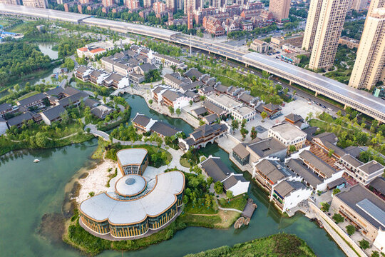 航拍湖南長沙洋湖濕地公園落日