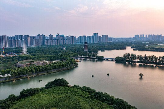 航拍湖南長沙洋湖水街景觀