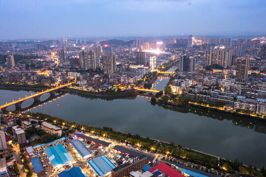 航拍湖南邵陽城市夜景風光