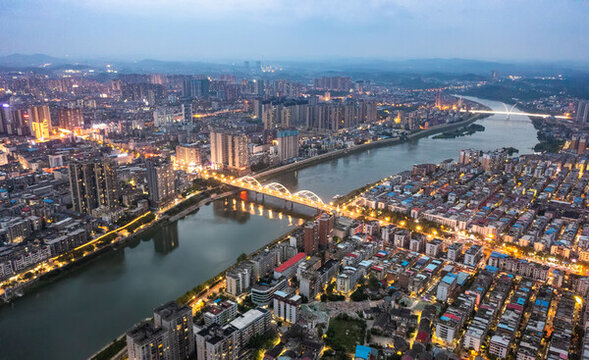 航拍湖南邵陽城市夜景風光