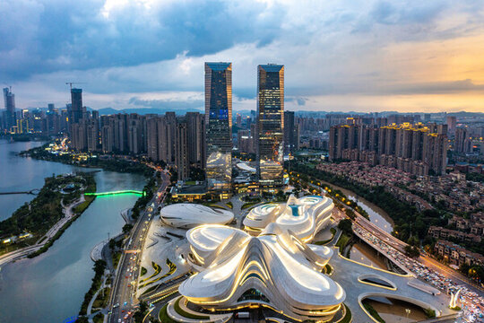 航拍湖南長沙梅溪湖夜景