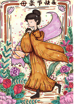手繪掃描母親節(jié)主題畫