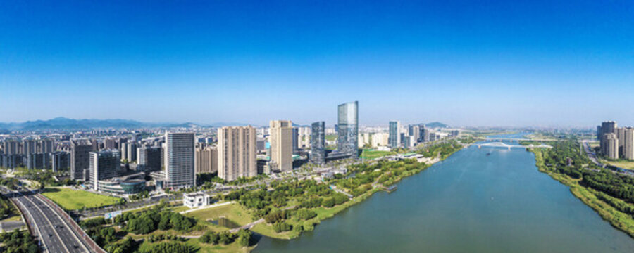 上虞一江兩岸城市風光全景
